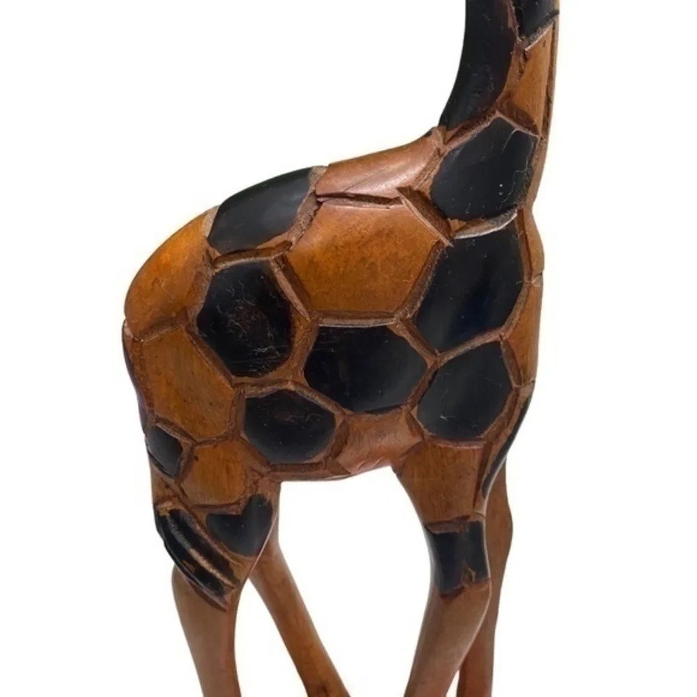 Hand Craved Wooden Giraffe Sculpture on Red Base